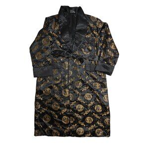 Vintage 60s SILK Dragon Embroidered Long Sleeve Robe in Black Gold